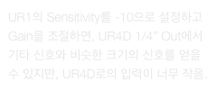 UR1의 Sensitivity를 -10으로 설정하고 Gain을 조절하면, UR4D 1/4” Out에서 기타 신호와 비슷한 크기의 신호를 얻을 수 있지만, UR4D로의 입력이 너무 작음.
